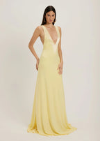 Elara Deep-V Satin Maxi – Buttermelt Yellow