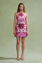 Pink Tie-Dye Flower Halter Mini Dress