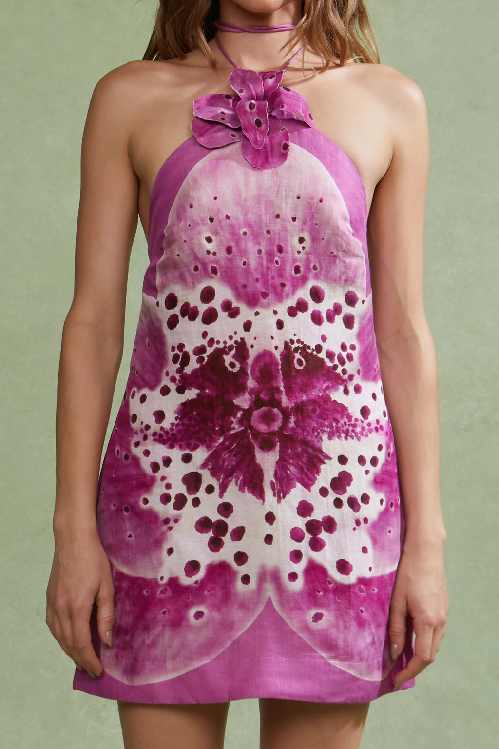 Pink Tie-Dye Flower Halter Mini Dress