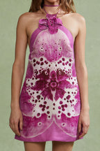 Pink Tie-Dye Flower Halter Mini Dress