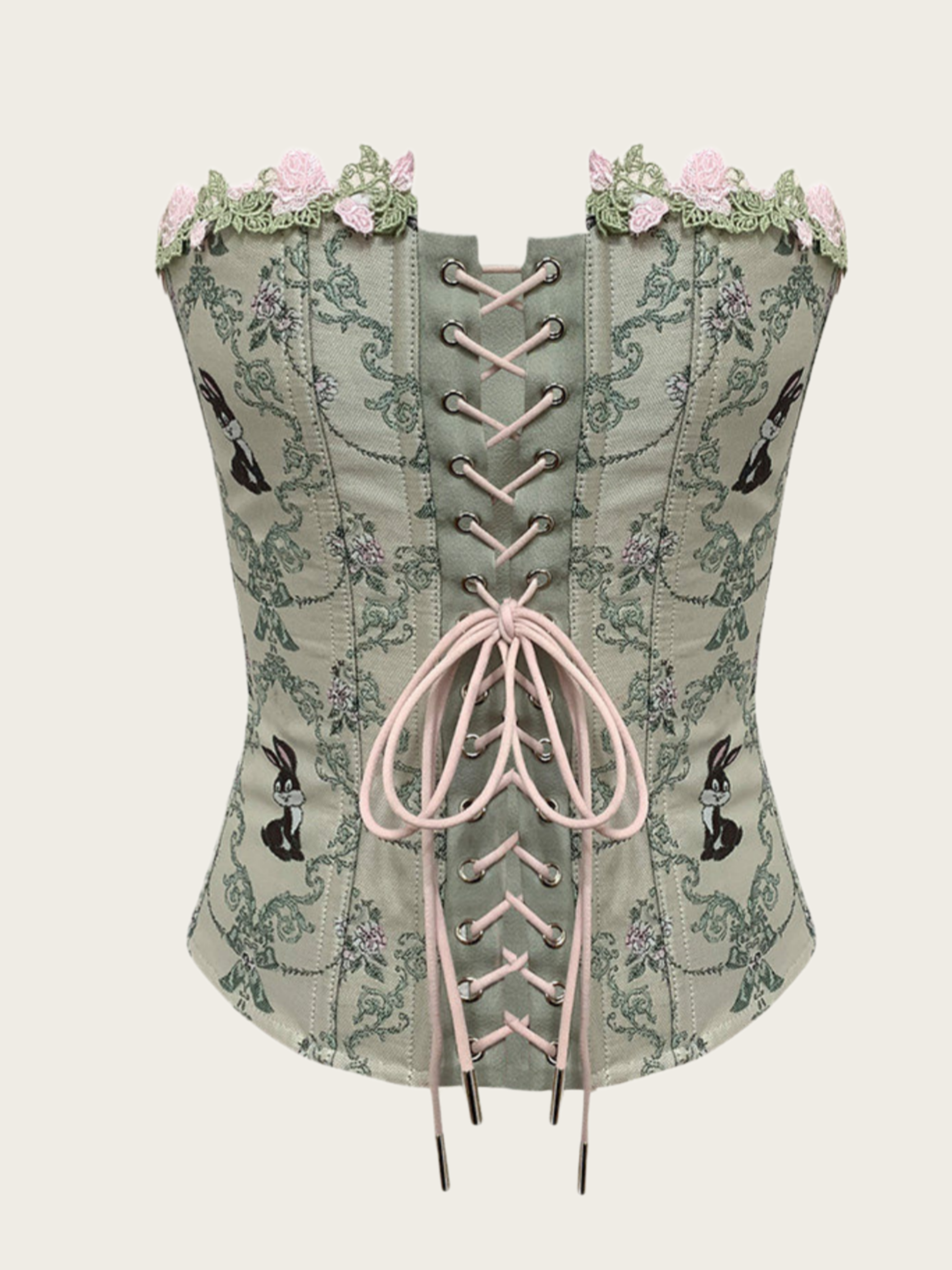 Sage Green Floral Rabbit Embroidery Corset