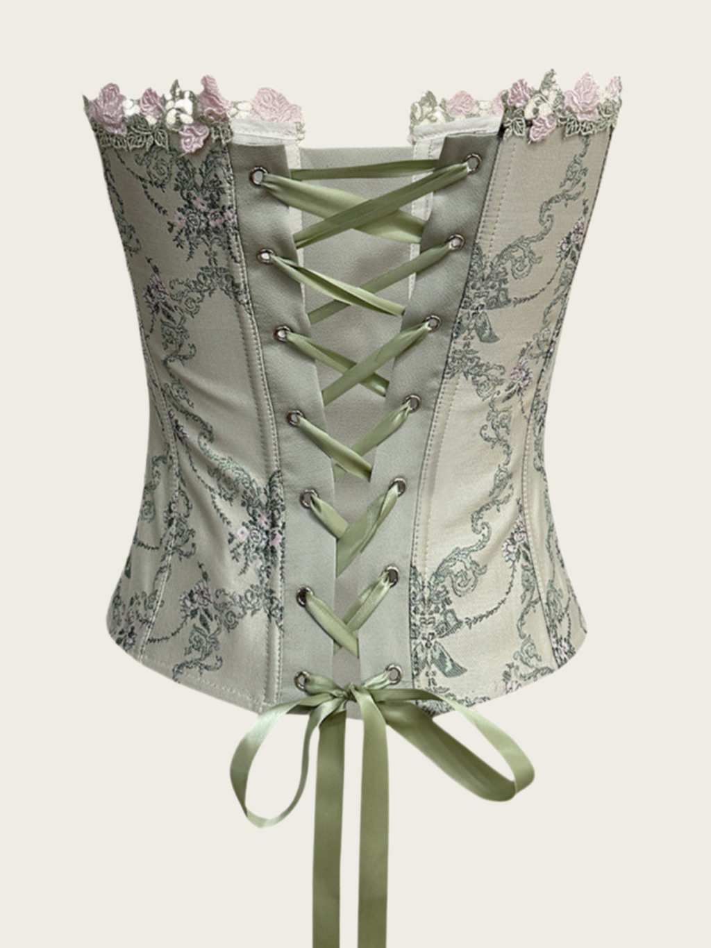 Sage Green Floral Rabbit Embroidery Corset
