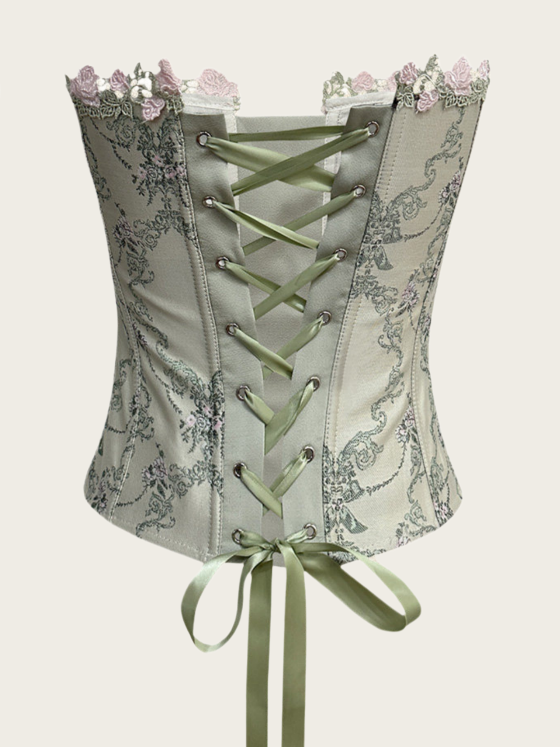 Sage Green Floral Rabbit Embroidery Corset