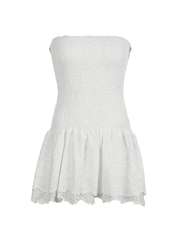 White Eyelet Smocked Mini Dress