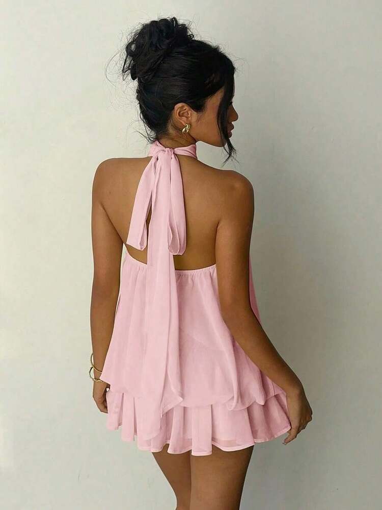Chloe Tiered Halter Mini – Powder Pink