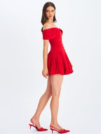 Narelle Crimson Off-Shoulder Sweetheart Drop Waist Mini Dress