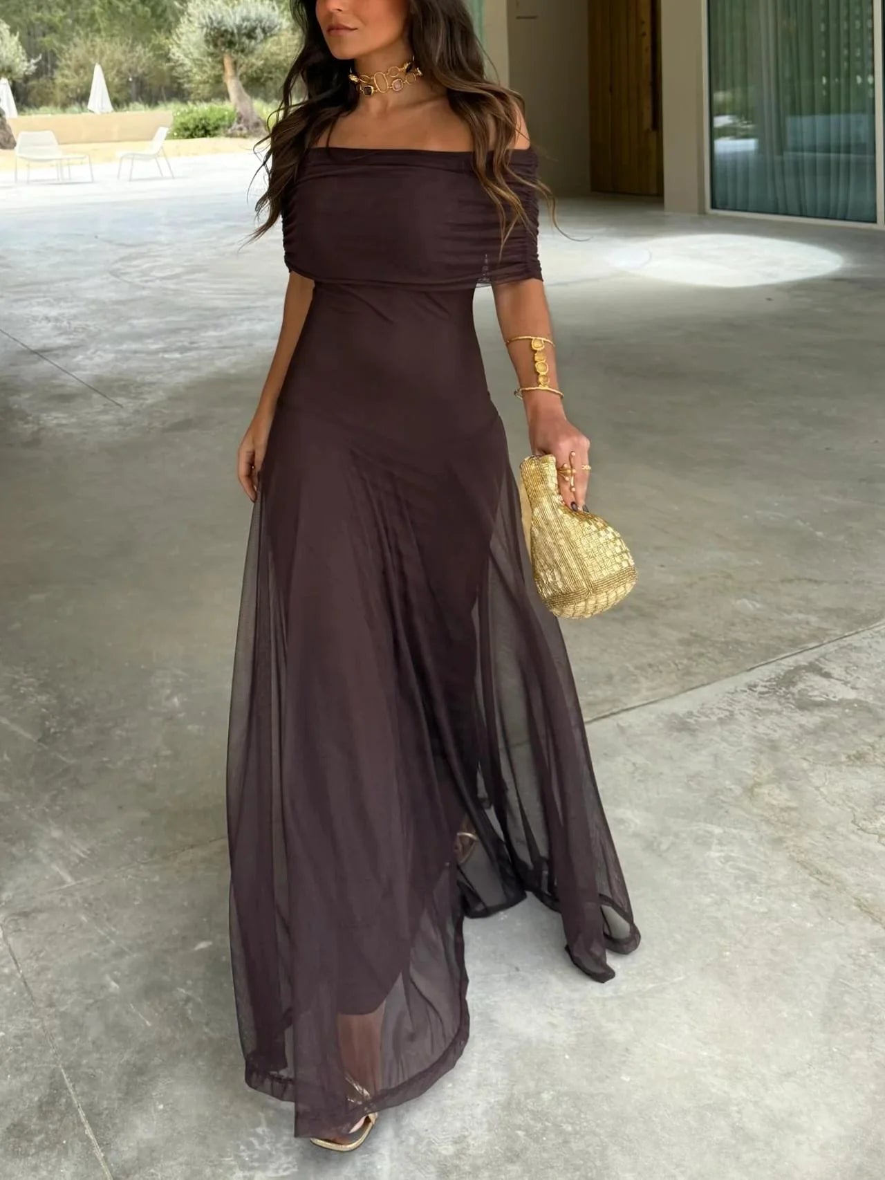 Seraphina Ruched Mesh Maxi Dress – Espresso