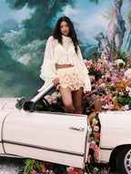 Chiffon High Neck Ruffle Dolman sleeve See-Through Crop Blouse