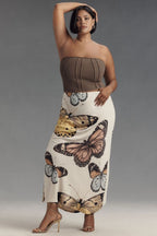 Butterfly Print Satin Midi Skirt