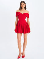 Narelle Crimson Off-Shoulder Sweetheart Drop Waist Mini Dress