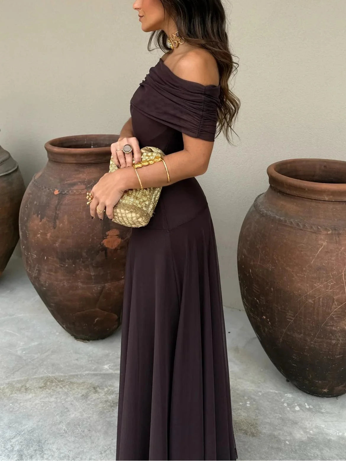 Seraphina Ruched Mesh Maxi Dress – Espresso