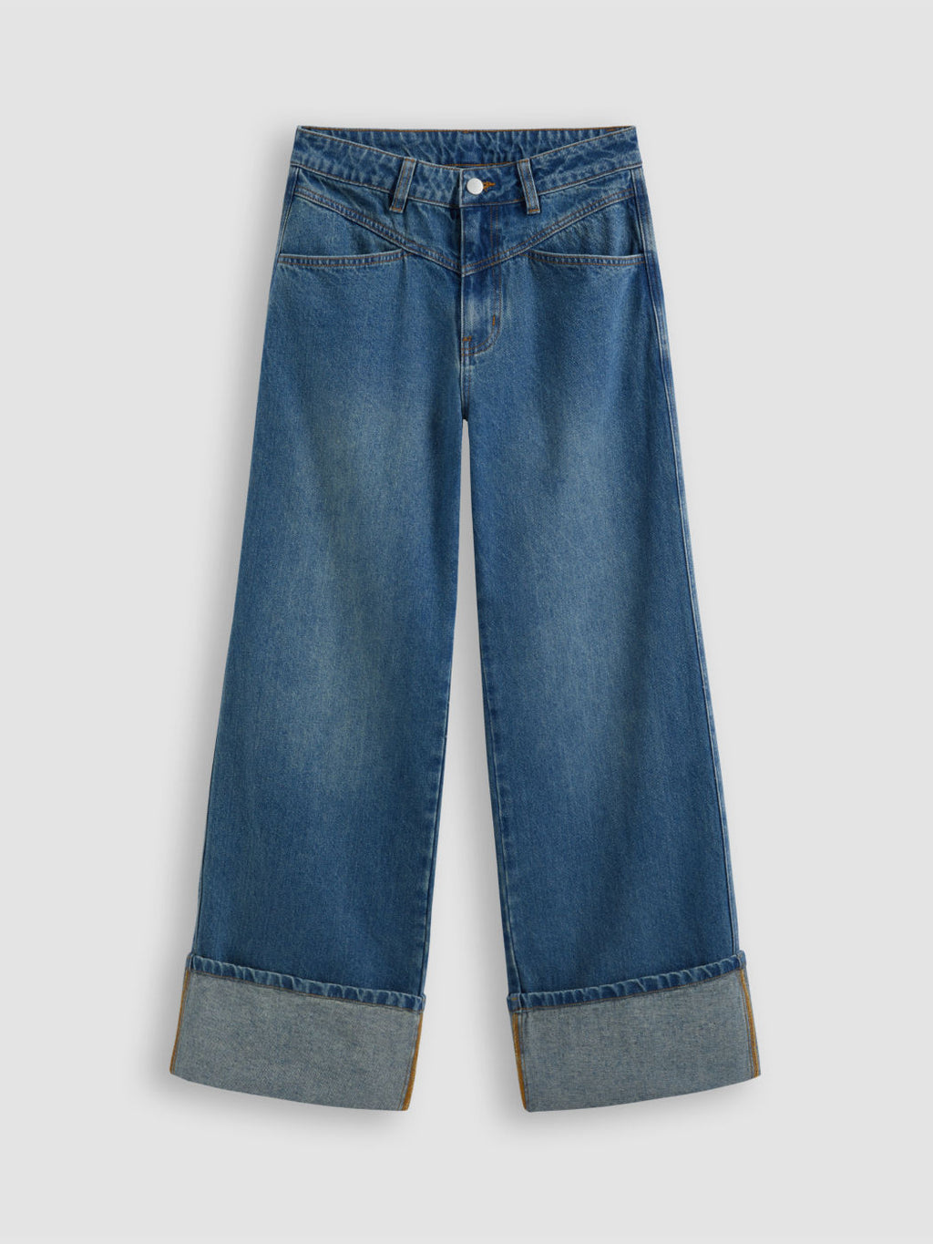 Denim Mid Rise Solid Roll Hem Straight Leg Jeans