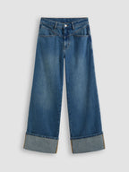 Denim Mid Rise Solid Roll Hem Straight Leg Jeans