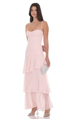 Long Ruffle Maxi Dress in Pastel Pink