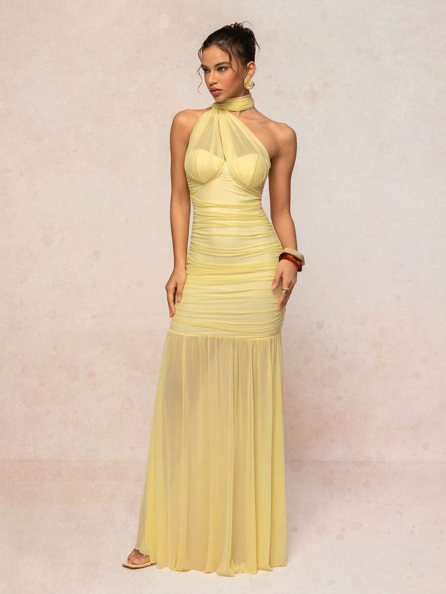 Tied Sleeveless Mesh Maxi Dress
