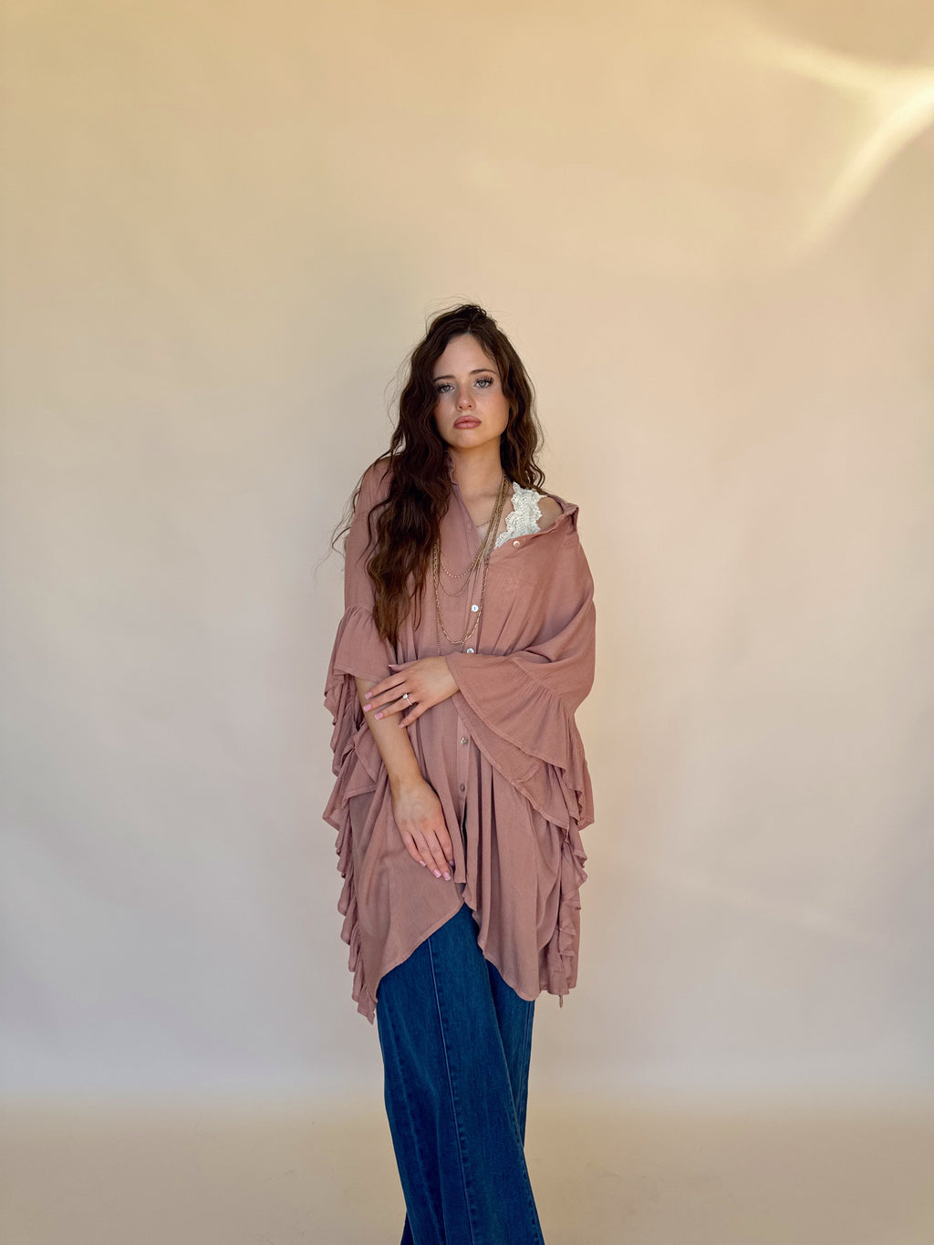 Mauve Ruffle Hem Oversized Tunic Top