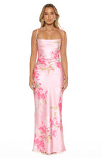 Pink Floral Satin Maxi Dress