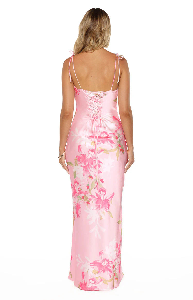 Pink Floral Satin Maxi Dress