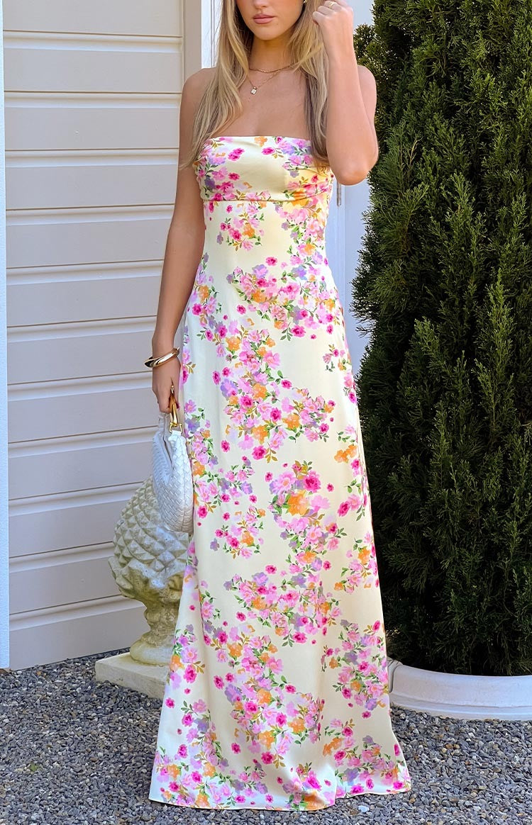Blaise Yellow Bloom Satin Maxi Dress