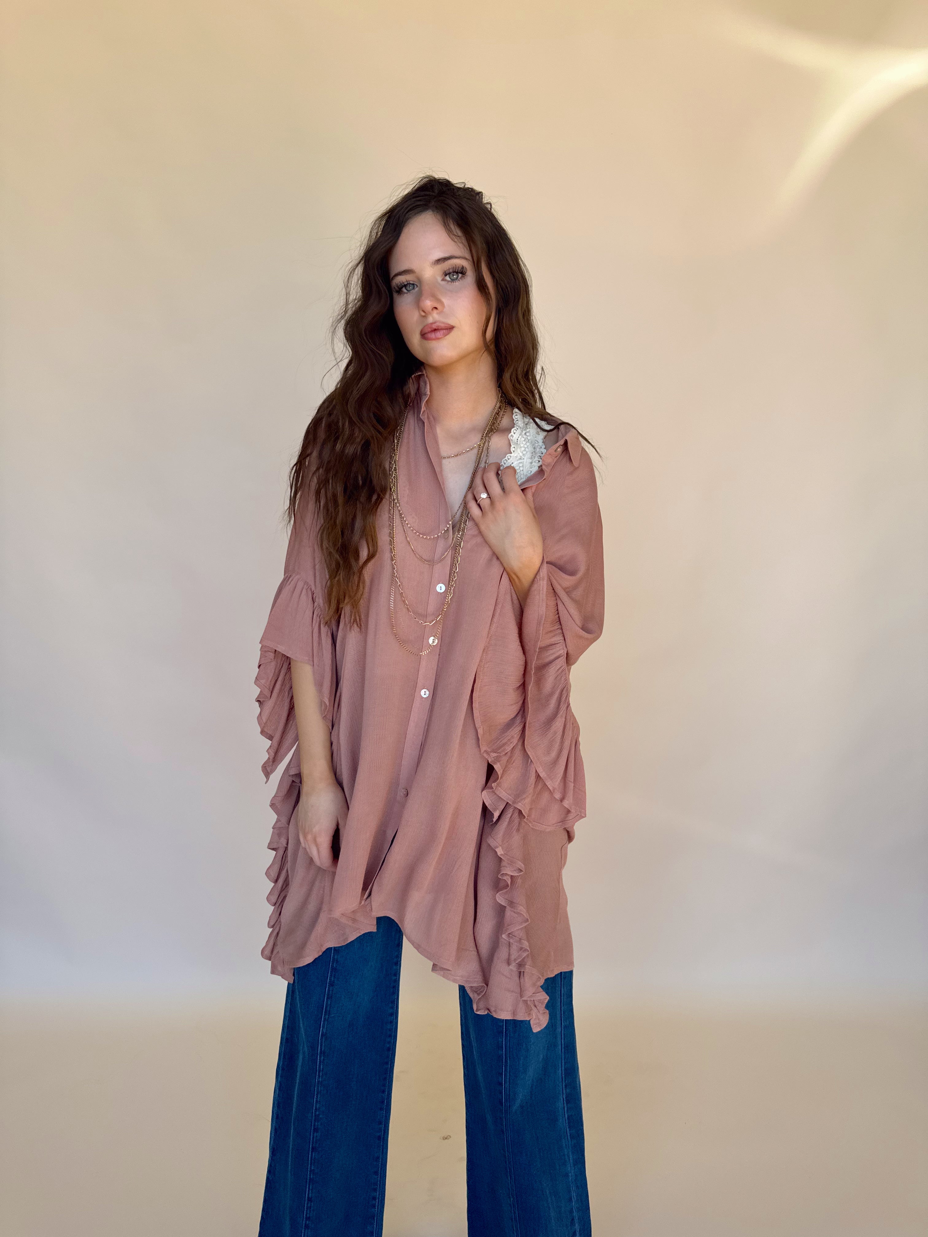 Mauve Ruffle Hem Oversized Tunic Top