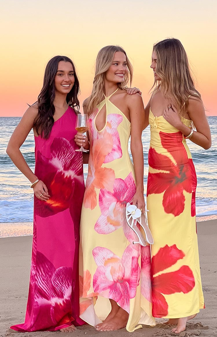 Elowen Yellow Hibiscus Floral Halter Maxi Dress