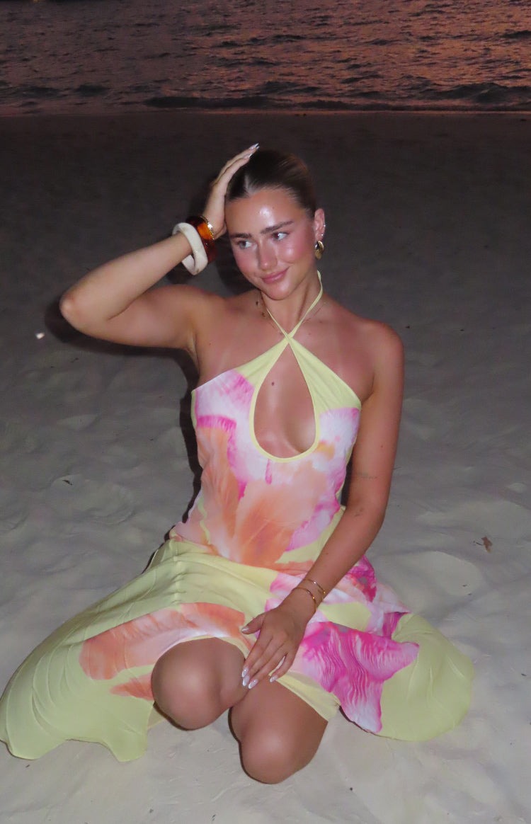 Elowen Yellow Hibiscus Floral Halter Maxi Dress