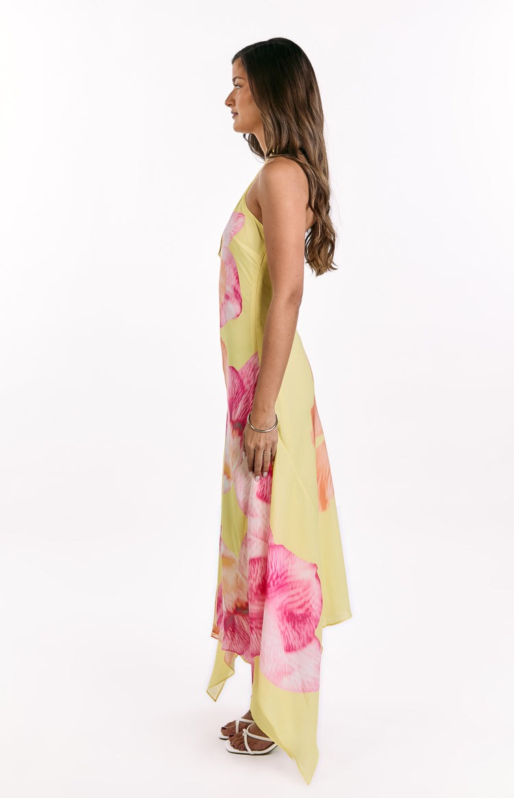 Elowen Yellow Hibiscus Floral Halter Maxi Dress