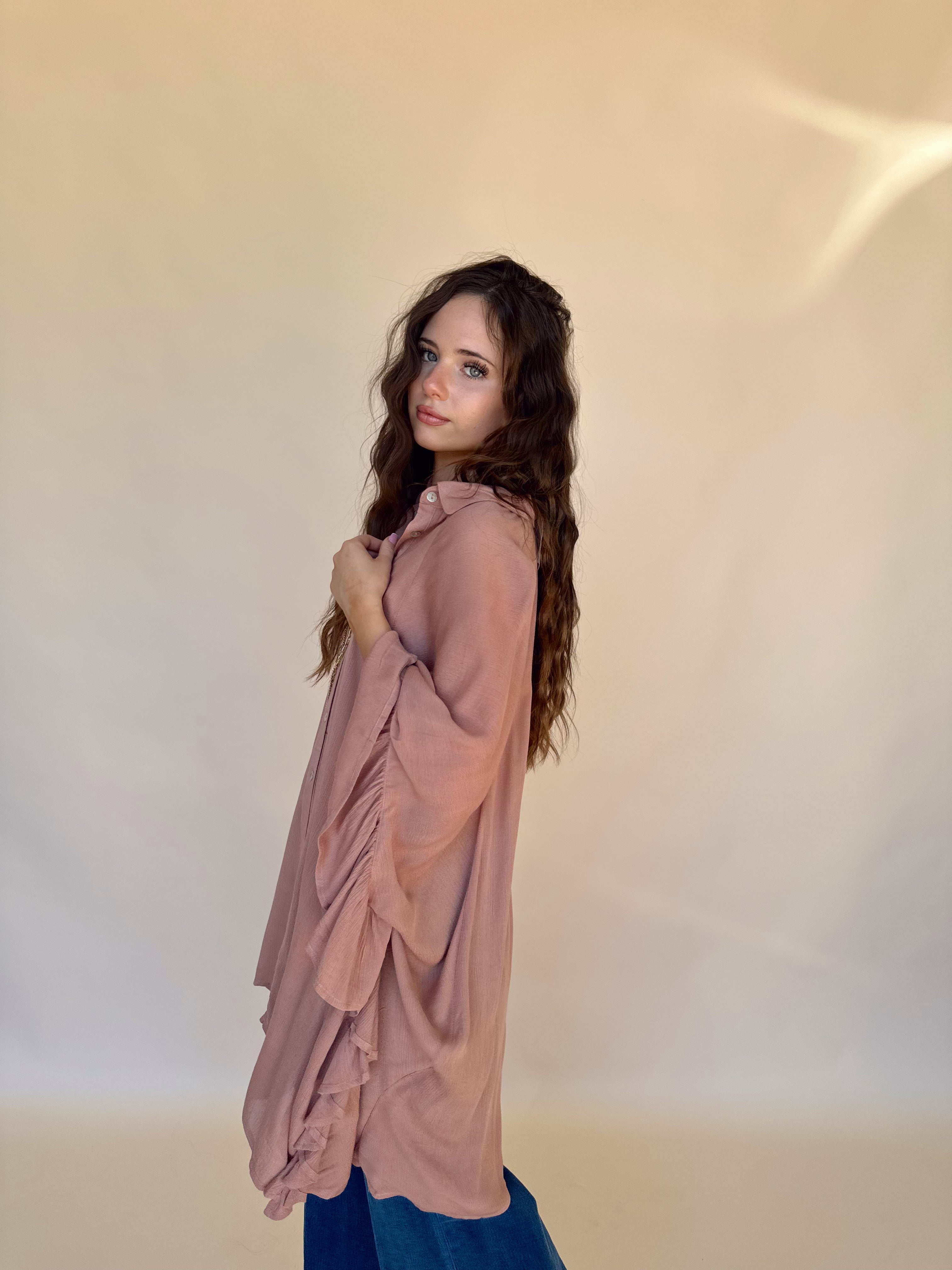 Mauve Ruffle Hem Oversized Tunic Top