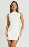 Sleeveless High Neck Faux Wrap Tulip Dress in Cream
