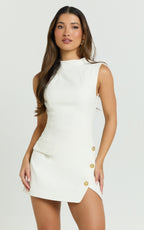 Sleeveless High Neck Faux Wrap Tulip Dress in Cream