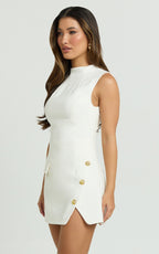 Sleeveless High Neck Faux Wrap Tulip Dress in Cream