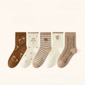 Brown Pointelle Floral Crew Socks - 5 pairs in one package