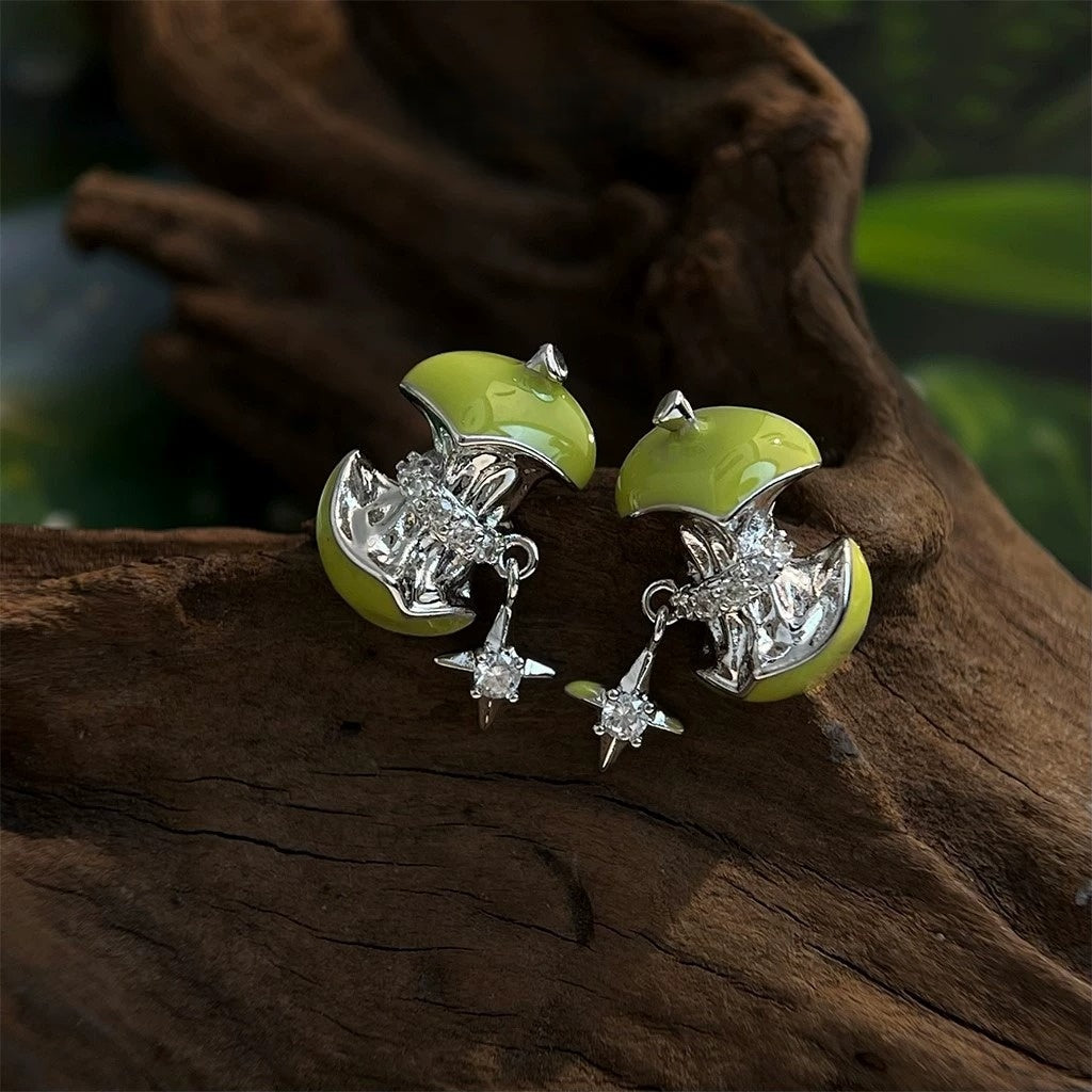 Enamel Green Apple Star Zircon Stud Earrings