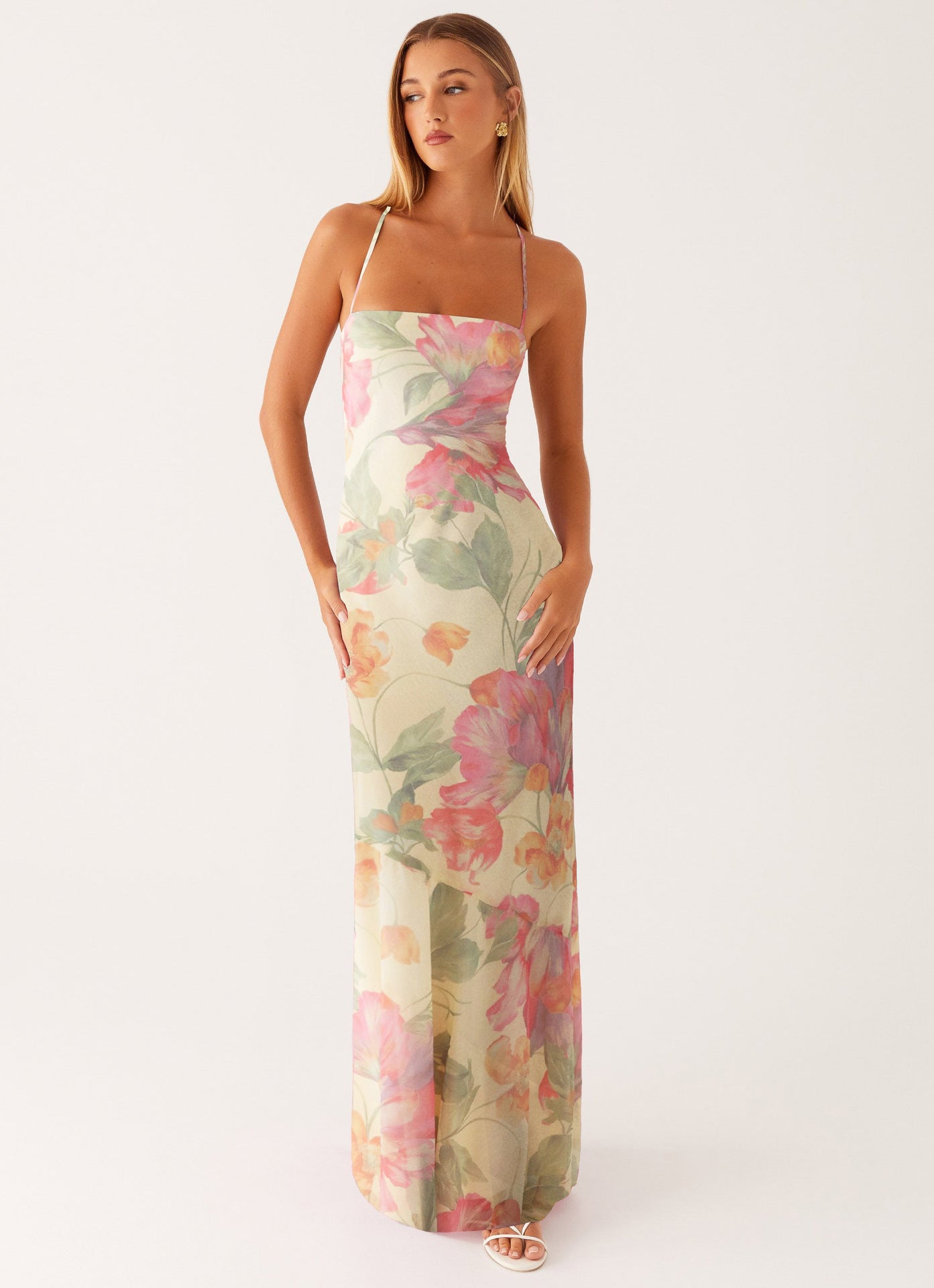 Pink Floral Chiffon Maxi Dress