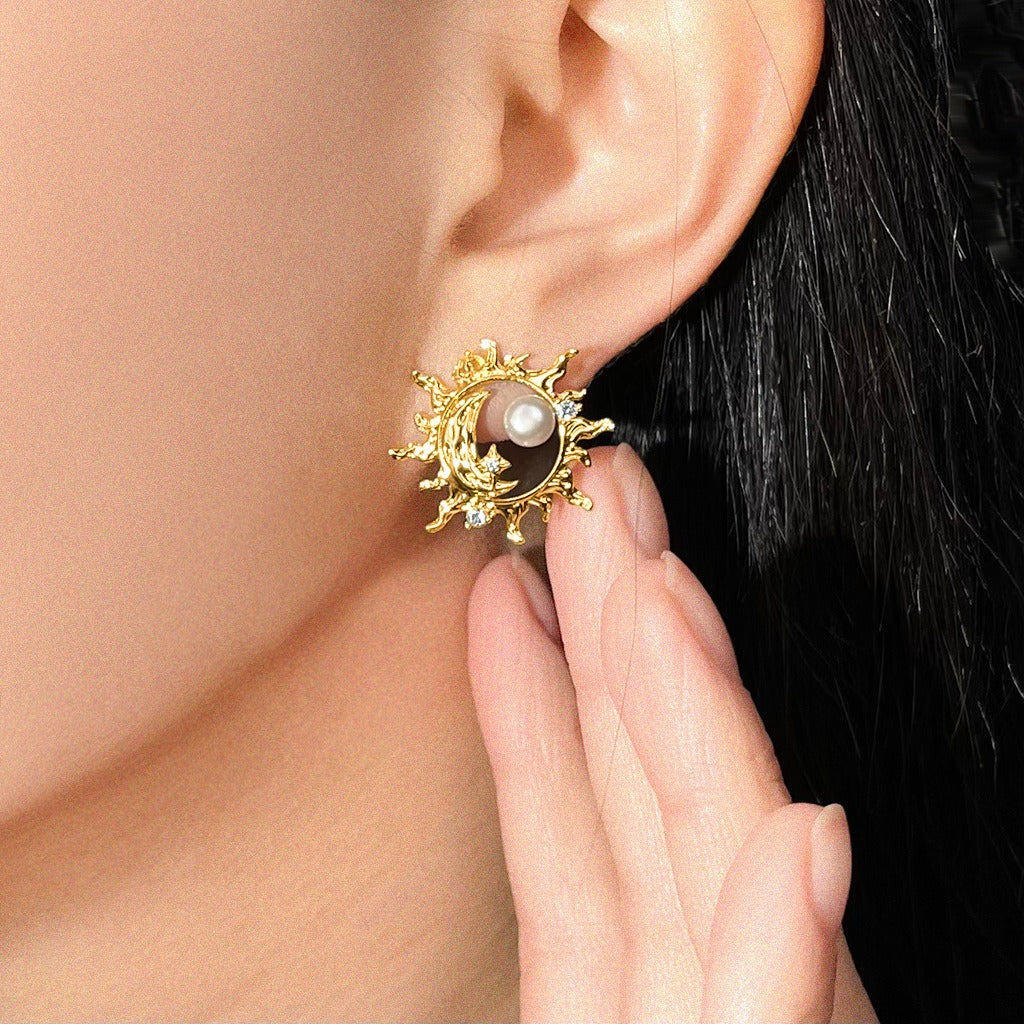 Sun & Moon Pearl Zircon Earrings