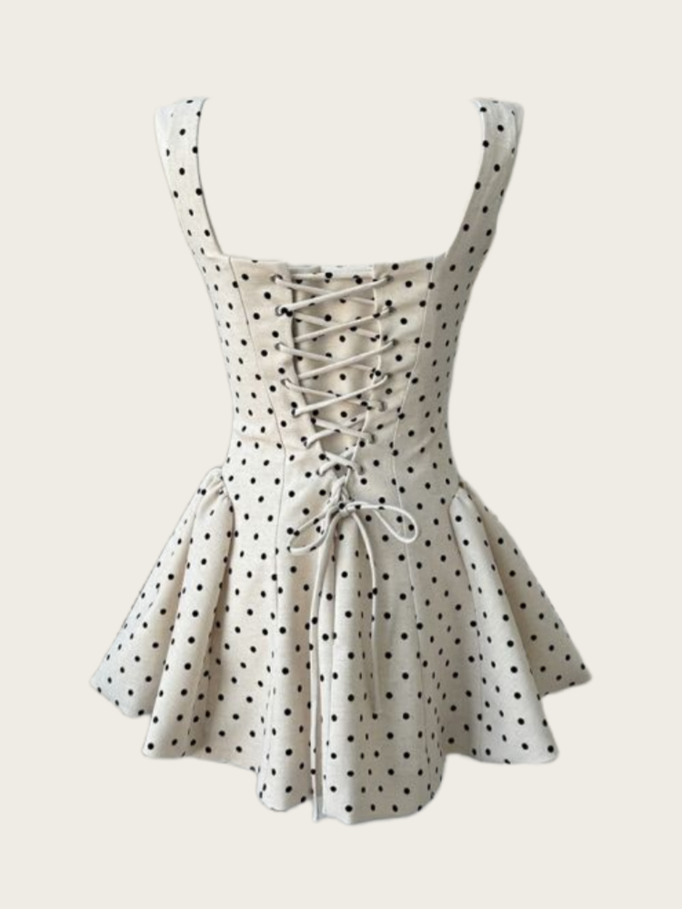 Beige Polka Dot Lace-Up Mini Dress