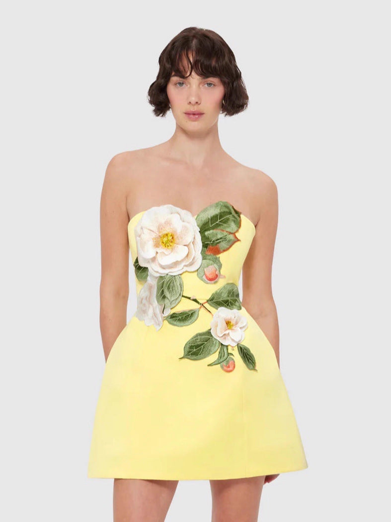 Yellow Strapless 3D Floral Applique Mini Dress