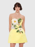 Yellow Strapless 3D Floral Applique Mini Dress