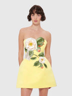 Yellow Strapless 3D Floral Applique Mini Dress