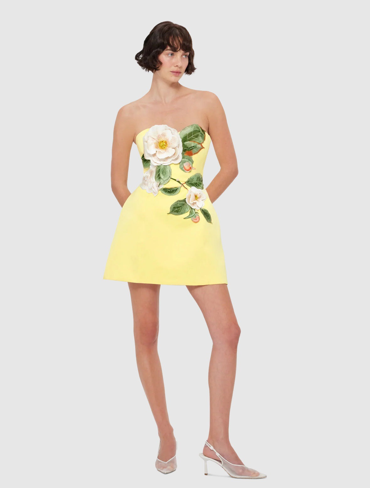 Yellow Strapless 3D Floral Applique Mini Dress