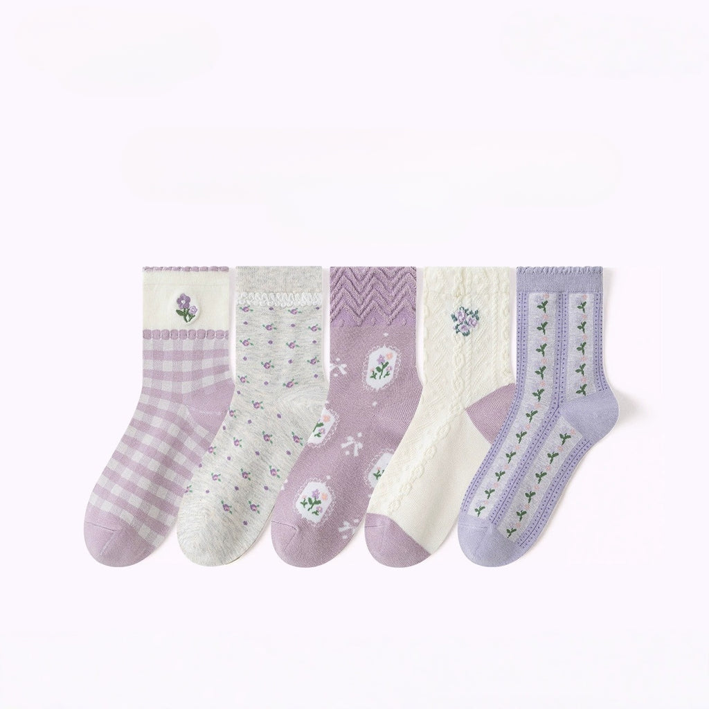Purple Pointelle Floral Crew Socks - 5 pairs in one package