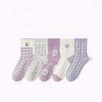 Purple Pointelle Floral Crew Socks - 5 pairs in one package
