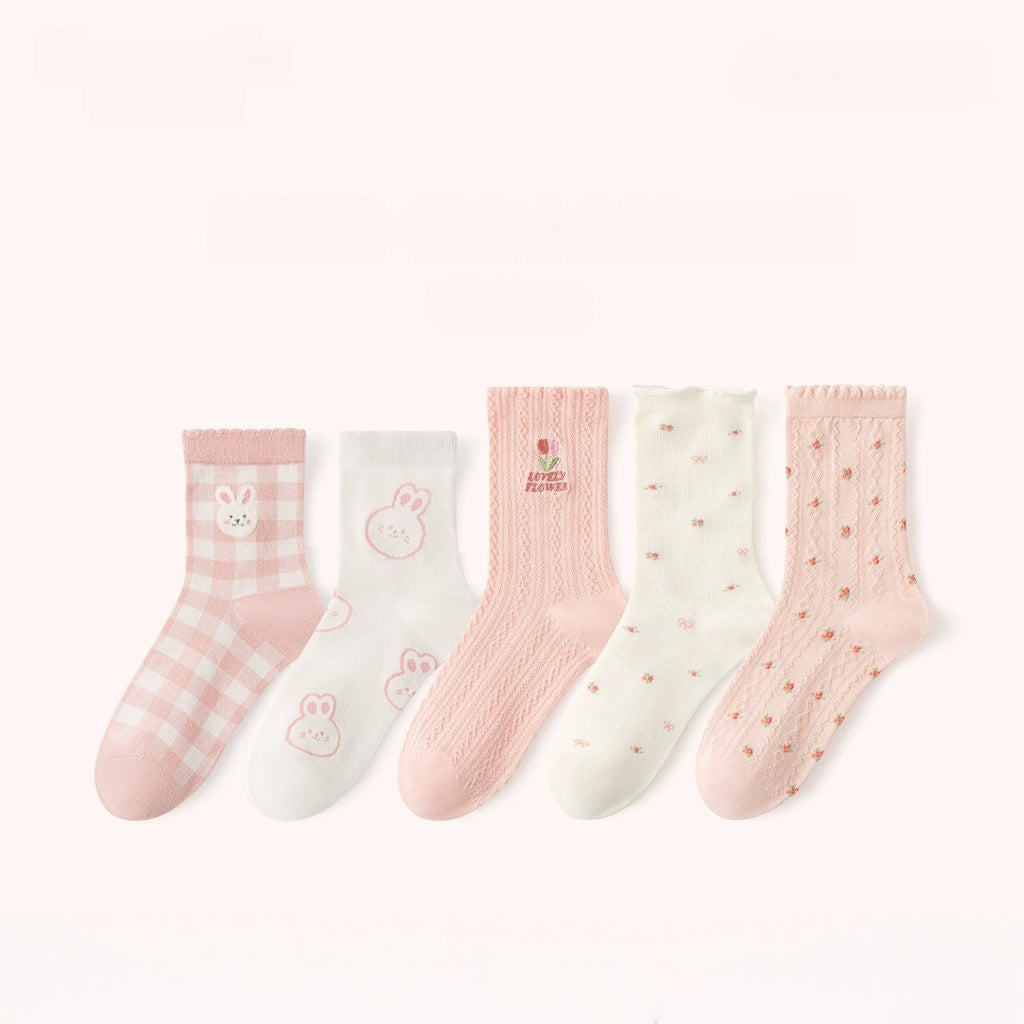 Pointelle Floral Crew Socks - 5 pairs in one package