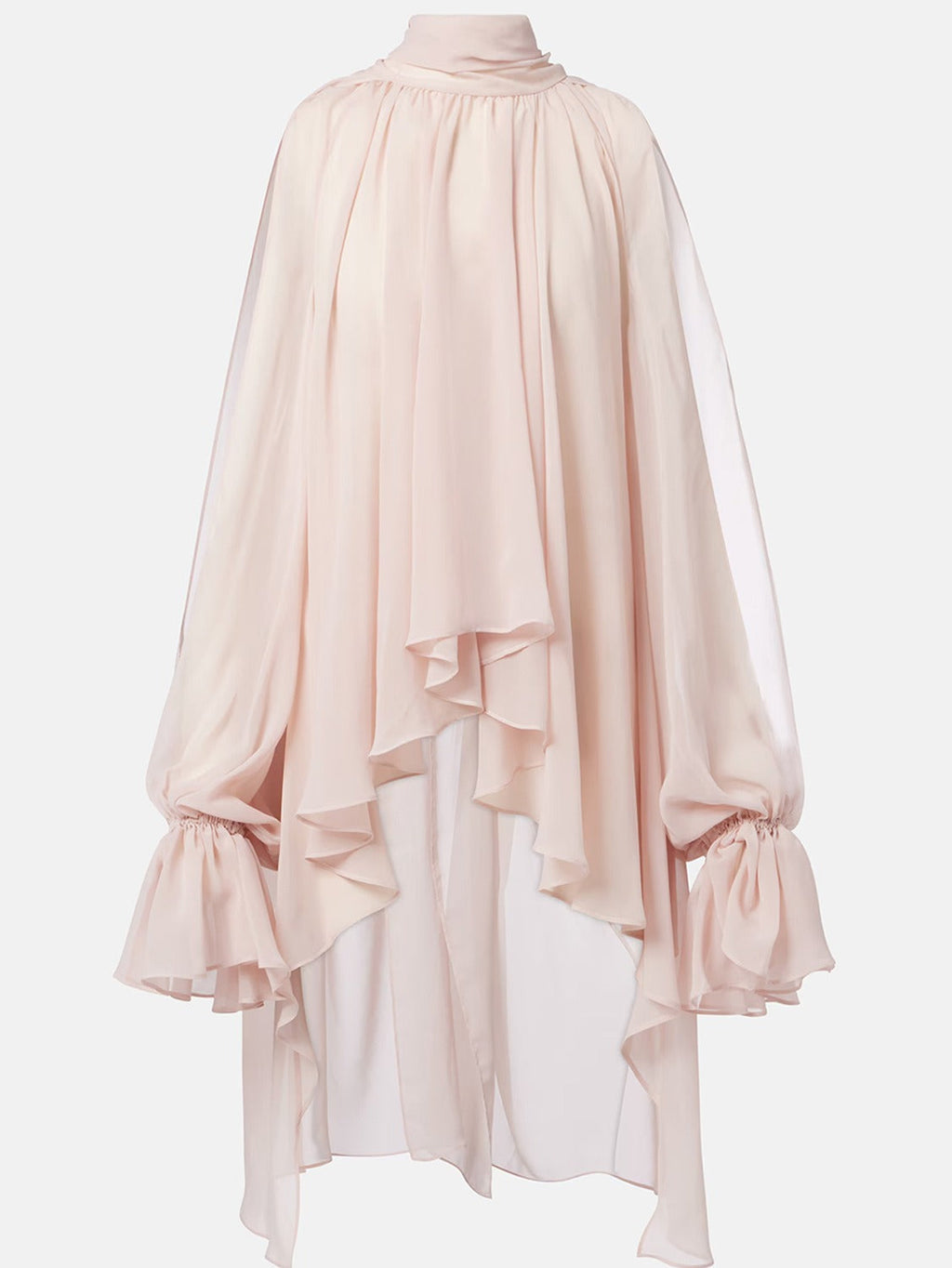 High-Neck Long Tie Batwing Sleeve Asymmetrical Top with Wrist Loop Design