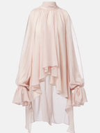 High-Neck Long Tie Batwing Sleeve Asymmetrical Top with Wrist Loop Design