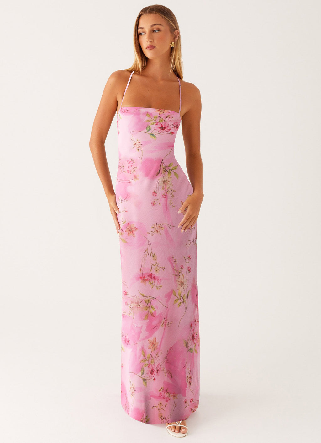 Pink Floral Chiffon Maxi Dress