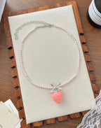 Strawberry Pendant Bow Pearl Necklace