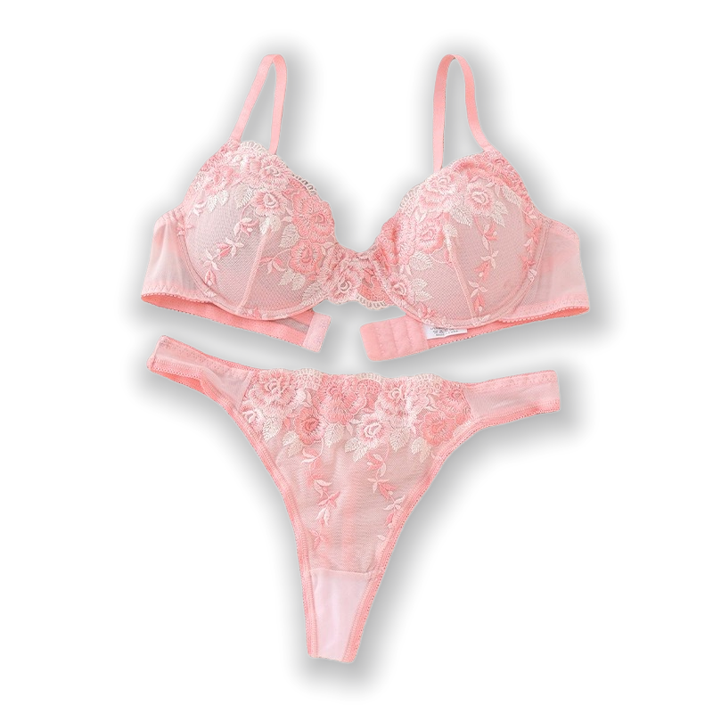 Pink Lace Embroidery Lingerie Set