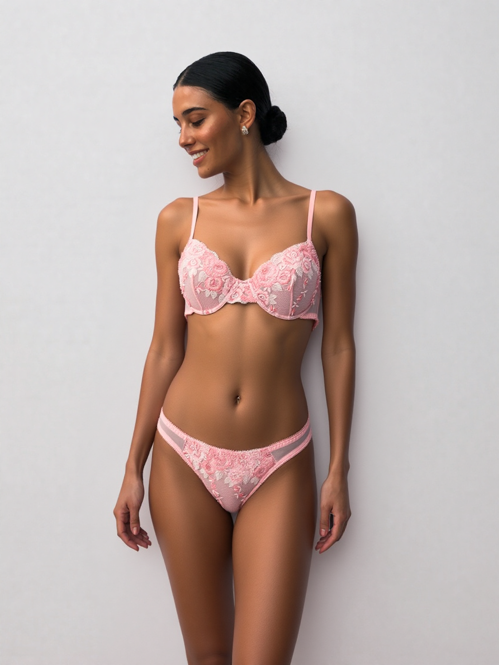 Pink Lace Embroidery Lingerie Set