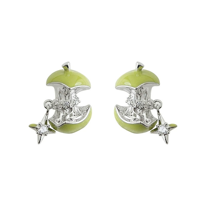 Enamel Green Apple Star Zircon Stud Earrings